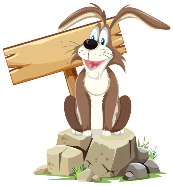 Vector illustration of Animated dog sitting on rocks, holding wood