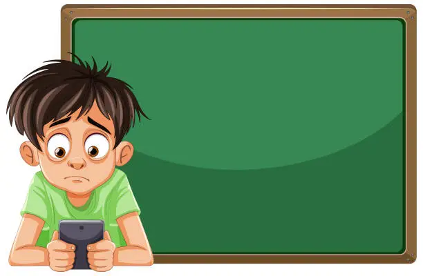 Vector illustration of Cartoon boy looking at phone in front of board