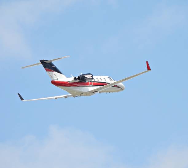 Boca Raton, Palm Beach County, Florida, USA, March 25, 2024. A Cessna 525(6 seats - light semi-monocoque business jet with a cantilver wing and pressurized cabin) N6NC taking off from the Boca Raton Airport.