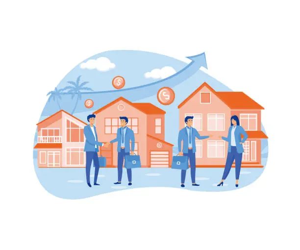 Vector illustration of Real estate transaction and rising of property value. People selling property and buying house and cottage. For business or new home concept. flat vector modern illustration