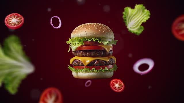 Double Cheeseburger with bacon and guacamole Animation intro Promotion for advertising or marketing of hamburgers with cheese, beef, and fresh lettuce, tomato and onion - price tag or sale