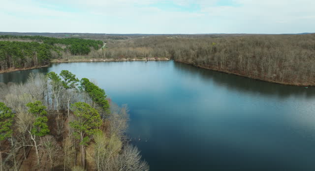 Tranquil View Of Lake Wedington Amidst Lush Hardwood Forests In Arkansas, United States. Aerial Drone Shot