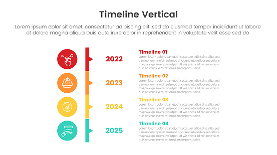 vertical timeline milestone infographic template banner with big circle and rectangle pointy arrow with 4 point list information for slide presentation vector