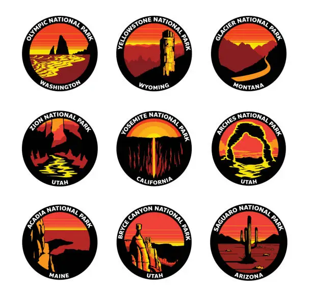 Vector illustration of National Park North American Vector Badge Sunset Landscape Set