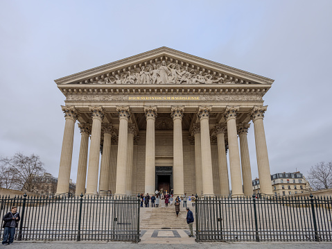 Church of the Madeleine on Christmas Day 2023.  The church is an example of Neo-classical  architecture with Corinthian columns in Paris, France