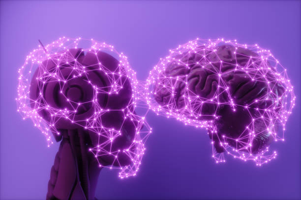 istock Human Brain Against Artificial Intelligence (AI). Robot Head And 3D Human Brain With Connection Dots And Plexus Lines. Artificial Intelligence And Deep Learning Concept 2121500606