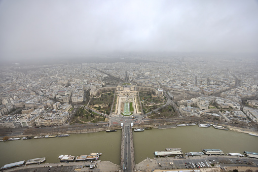 The views from the top floor of Eiffel Tower on a rainy and cloudy Christmas Day 2023