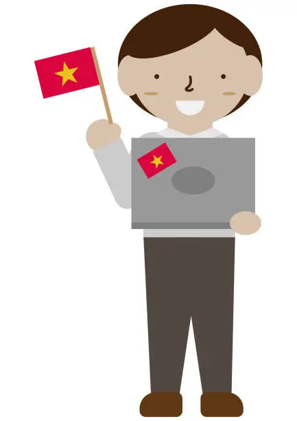 Vector illustration of Image material of a Vietnamese person with a computer