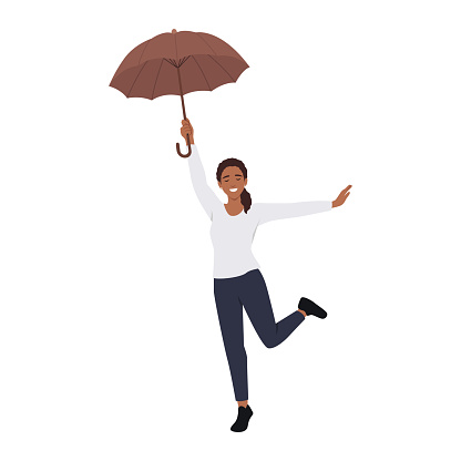 Woman with an umbrella walks and jump happy. Flat vector illustration isolated on white background