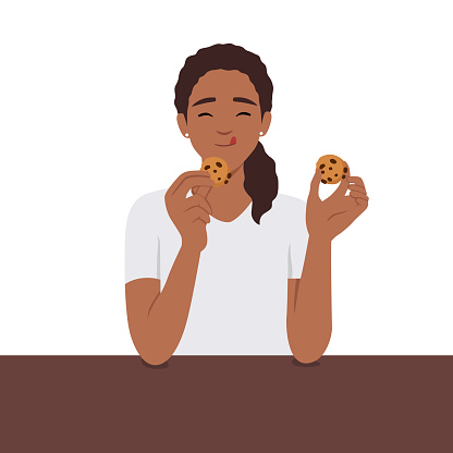 Woman having breakfast eating cookies, people activity, daily routine. Flat vector illustration isolated on white background