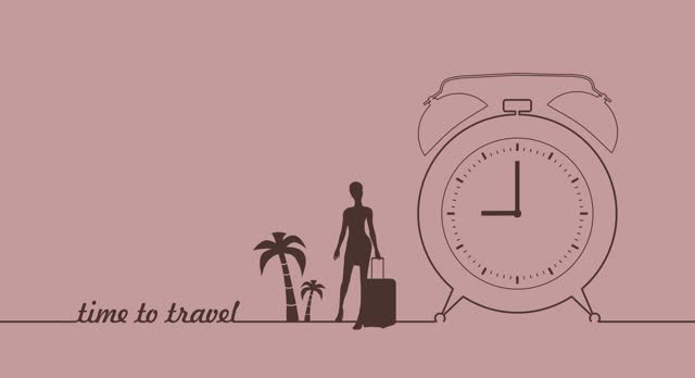 Travel inspiration quote with thin line retro alarm clock. The best time to travel. Lets go travel. Motivation for traveling. Palm and woman with luggage
