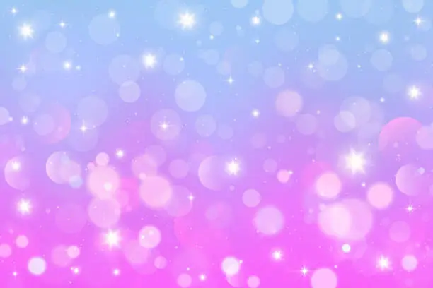 Vector illustration of Rainbow unicorn background. Pastel glitter pink fantasy galaxy. Magic mermaid sky with bokeh. Holographic kawaii abstract space with stars and sparkles. Vector