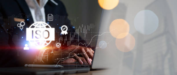 istock ISO standards quality control, assurance and warranty business technology concept. Touching on screen with ISO and globe icons on smart background. ISO Standard certification. Modern ISO banner. 2121535401