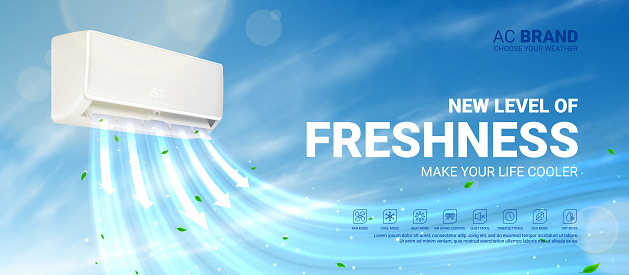 Air conditioner ad template. Realistic vector illustration with air conditioner with cold fresh air with cloudy sky. Modern split system climate control for home. Product mockup concept.
