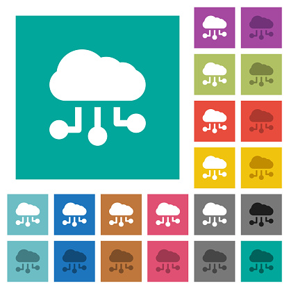 Cloud connections solid multi colored flat icons on plain square backgrounds. Included white and darker icon variations for hover or active effects.