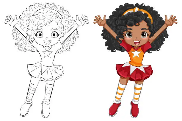 Vector illustration of Colorful and black and white cartoon girl cheering.