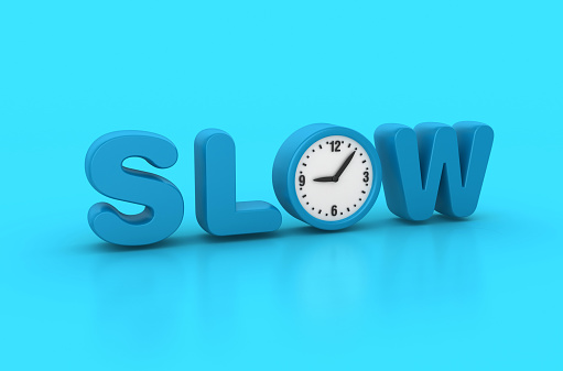 3D Word SLOW with Clock - Color Background - 3D Rendering