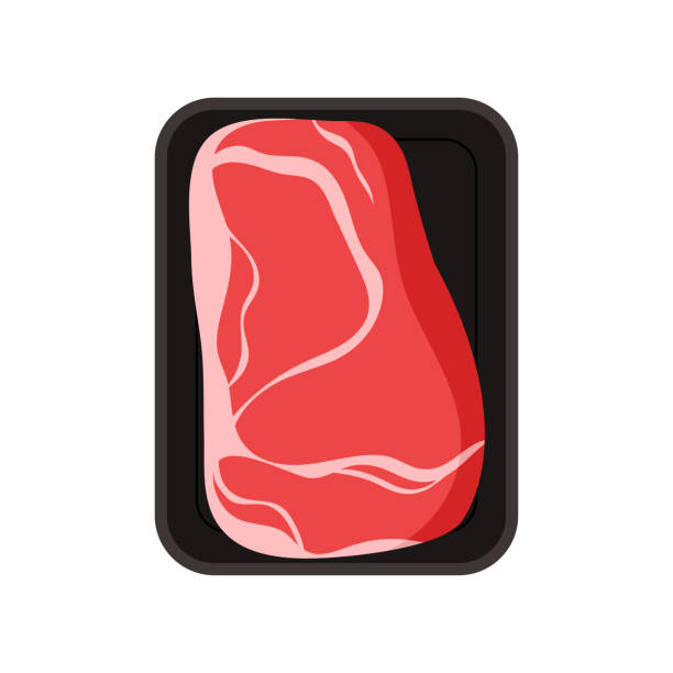 Plastic tray with streaky beef fillet, top view of black container and red meat Plastic tray with streaky beef fillet, top view of black rectangular container and red meat vector illustration black meat tray stock illustrations