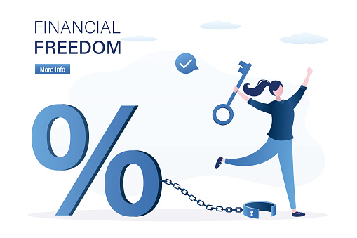Financial freedom concept. Borrower opened shackles with key and freed himself from credit chain. Exemption from business problems and loans. Forced bankruptcy. Overcoming financial obstacles. vector