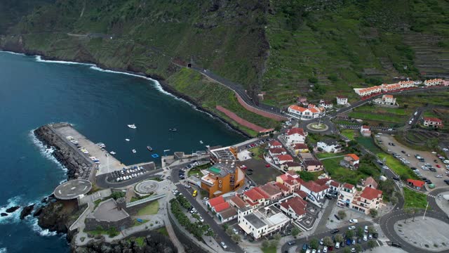 Rugged coastline with volcanic rock pools of Porto Moniz, Madeira. Aerial