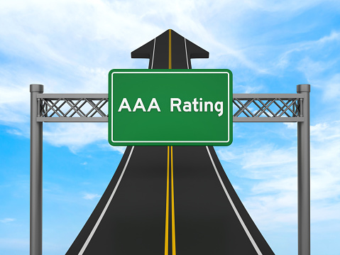 Highway sign with AAA RATING on Arrow Road - Sky Background - 3D rendering