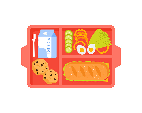 Red plastic tray with sandwich, cookie and yogurt, top view of lunch food plate vector illustration