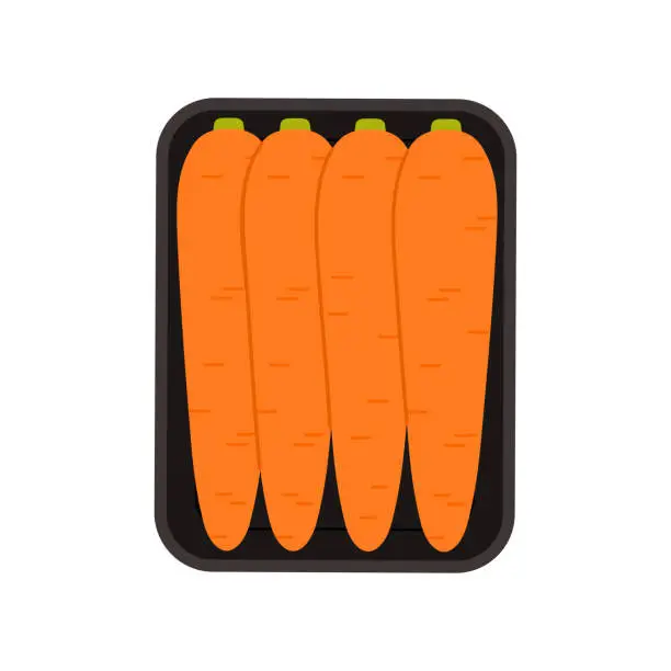 Vector illustration of Carrot in rectangular plastic tray, top view of vegetable in supermarket box