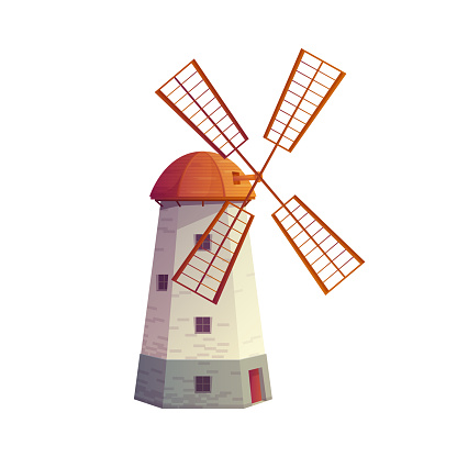 Old windmill farm building, European countryside tower with vanes vector illustration