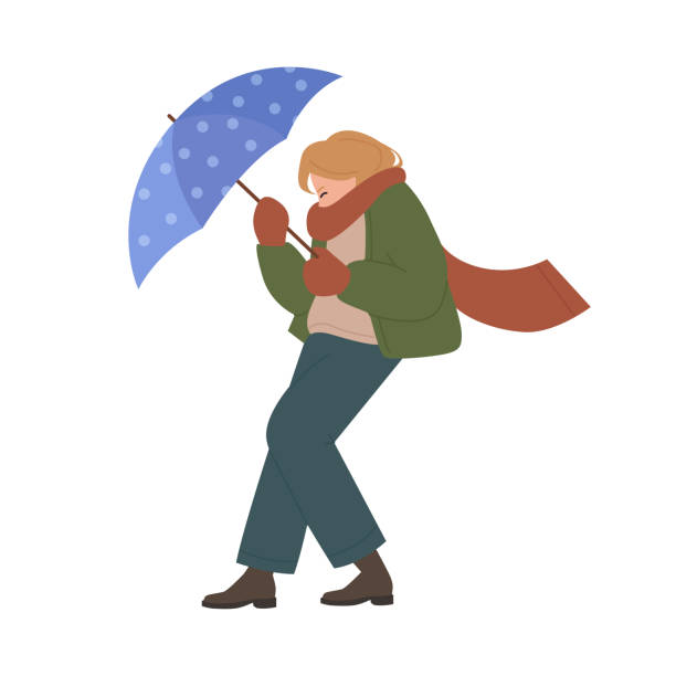 風の強い天候で雨や嵐から身を守るために傘を持つ女性 - scarf blowing women autumn点のイラスト素材／クリップアート素材／マンガ素材／アイコン素材