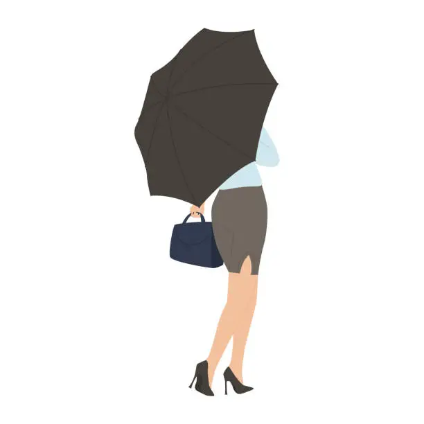 Vector illustration of Business lady in heels walking under umbrella in rainy weather, rear view