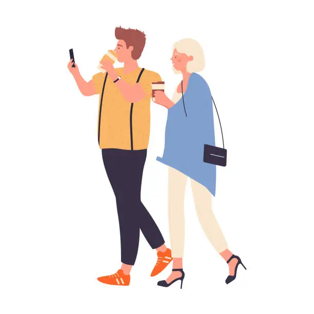 Vector illustration of Young couple walking with takeaway coffee cups to drink on go