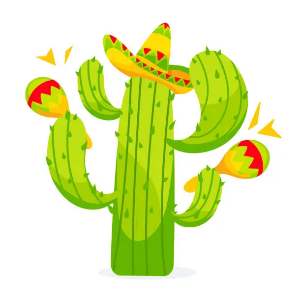 Vector illustration of Vector image of a cactus in a sombrero playing maracas in a cartoon style.