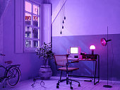 Retro Style Study Room With Table,  Desktop Computer And Neon Lighting