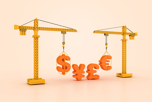 Currency Symbols with Tower Crane - Color Background - 3D Rendering