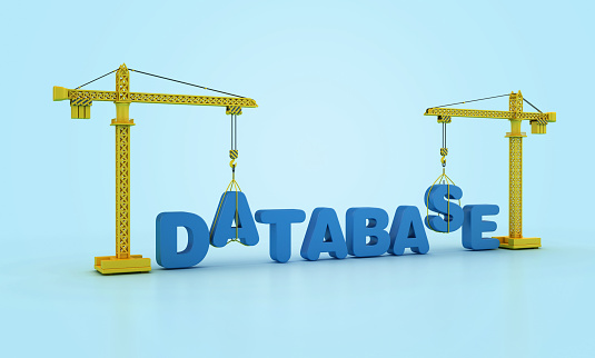 DATABASE Word with Tower Crane - Color Background - 3D Rendering