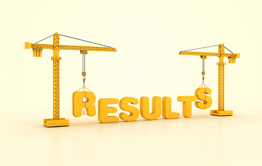 RESULTS Word with Tower Crane - Color Background - 3D Rendering