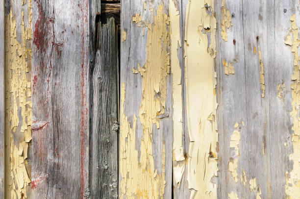 istock Worn and weathered wooden boards with peeling yellow paint 2121785593