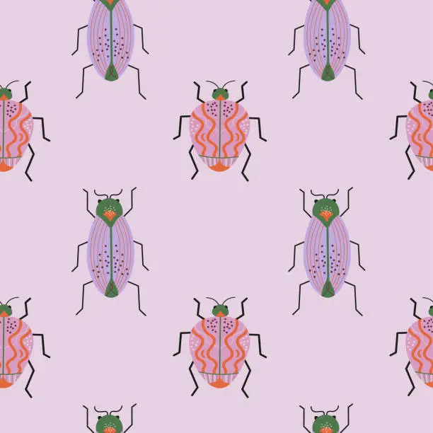 Vector illustration of Beetles seamless pattern hand drawn flat vector illustration, fantastic bug repeating background. Decorative abstract Insect fantasy fauna species, wild life, animal. For textile, card, print, paper