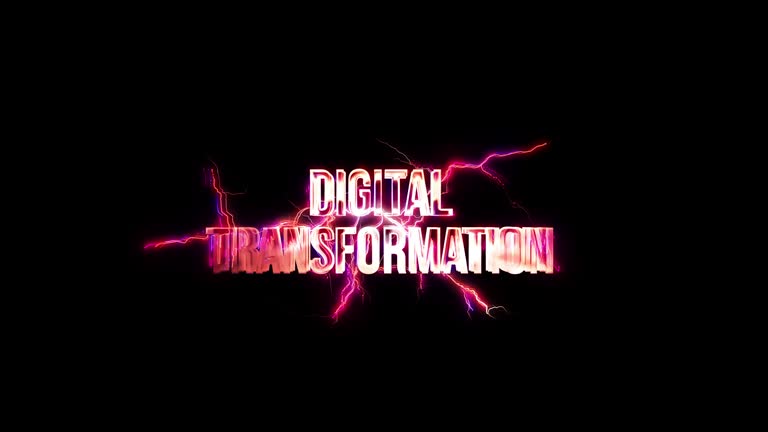 Digital Transformation glow pink neon text lightning glitch effect sci fi futuristic hitech cinematic title abstract background.