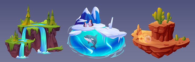 Floating island platform for game ui design. Cartoon fantasy flying land pieces with forest and waterfall, sand desert with rock cliff and cactus, northern landscape with iceberg, penguin and whale.
