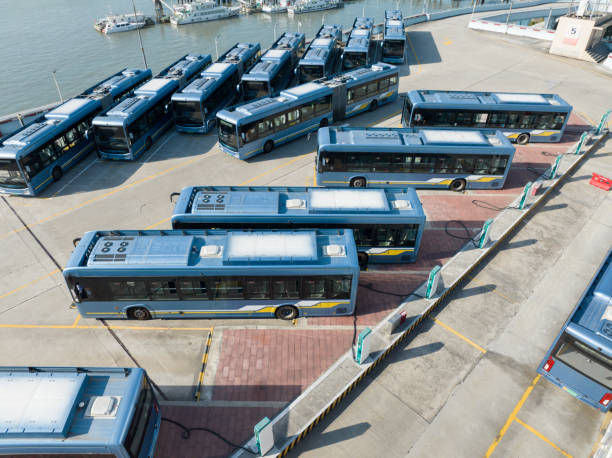 istock Bird's eye view of bus charging station 2121810866