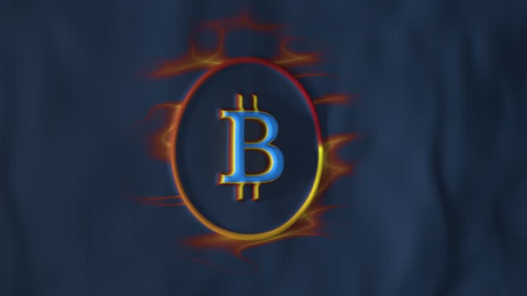 Abstract Bitcoin logo embossed on blue fabric and colored in blue, red, yellow. The fabric sways in the wind.