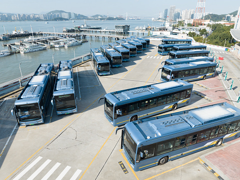 Aerial view of electric bus parking lot