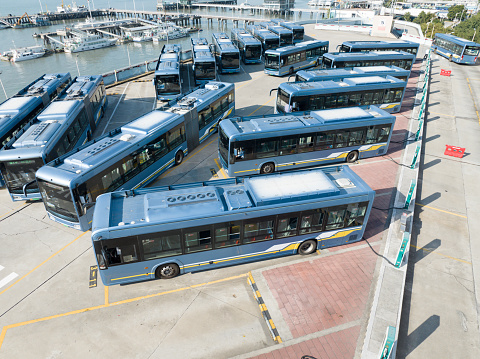 Aerial view of electric bus parking lot