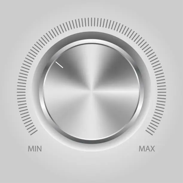 Vector illustration of Volume button (music knob) with metal texture. Metal audio control dial switch level scale. Analog Rotary Switch. Vector illustration.