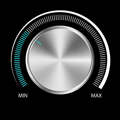 Volume button (music knob) with metal texture. Metal audio control dial switch level scale. Analog Rotary Switch. Vector illustration.