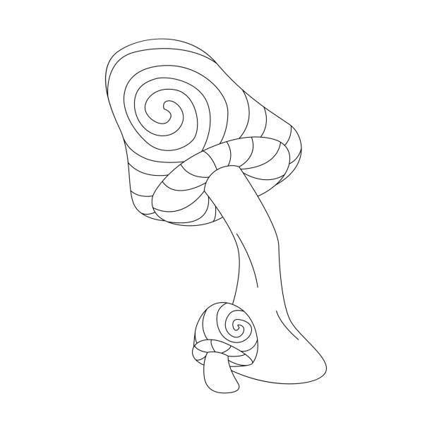 Groovy line psychedelic mushrooms family with spiral magic pattern on caps Groovy line psychedelic mushrooms family with spiral magic pattern on caps vector illustration little grebe (tachybaptus ruficollis) stock illustrations