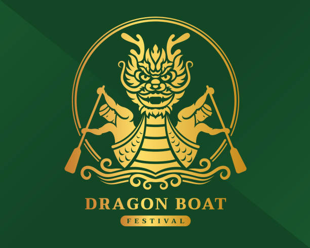 illustrations, cliparts, dessins animés et icônes de festival de bateaux-dragons bateau-dragon avant or et plaisancier sur la vague de l’eau en ligne de cercle sur fond vert conception vectorielle - dragon boat racing nautical vessel dragon red