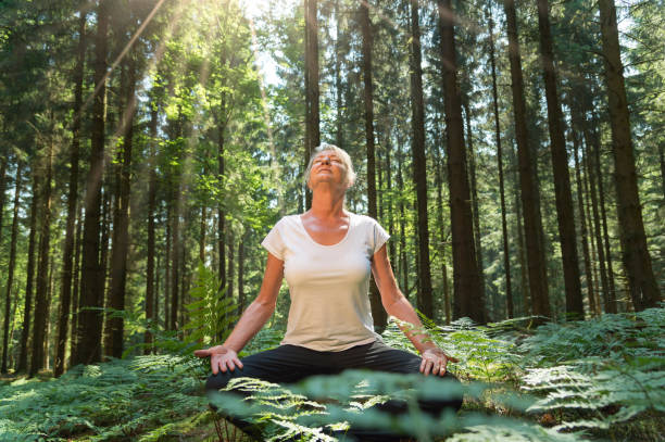 istock 50 year old woman makes forest bathing (Shinrin Yoku) in oniferous forest 2121847167