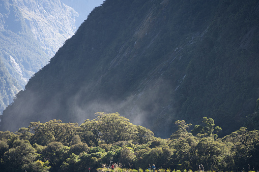 Tourists walking trough wet rainforest with haze rising in background, Fiordland, New Zealand